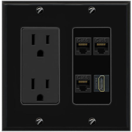 RiteAV 3 CAT6 HDMI Wall Plate with 15A Power Outlet [Black]