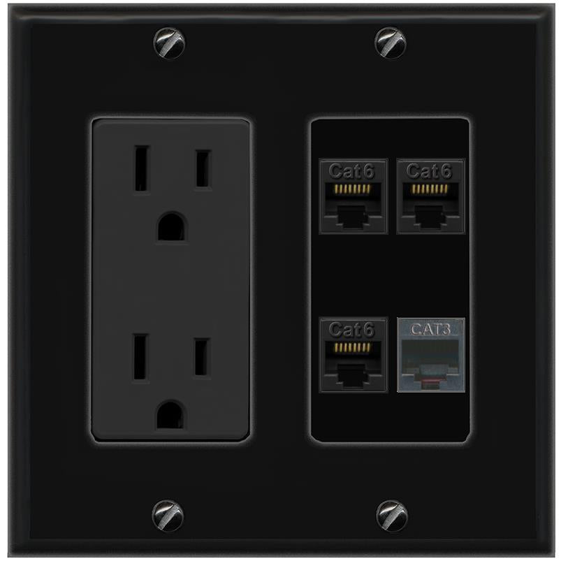 RiteAV 3 CAT6 PHONE Wall Plate with 15A Power Outlet [Black]