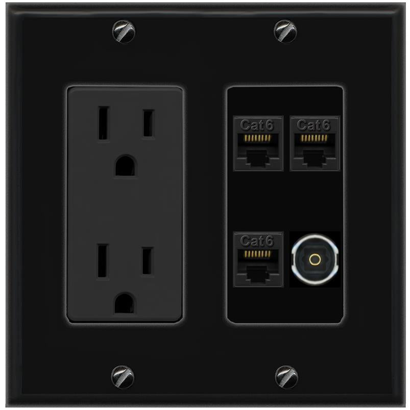RiteAV 3 CAT6 TOSLINK Wall Plate with 15A Power Outlet [Black]