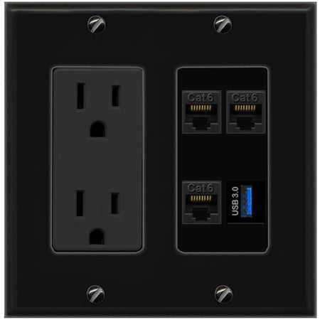 RiteAV 3 CAT6 USB-3 Wall Plate with 15A Power Outlet [Black]