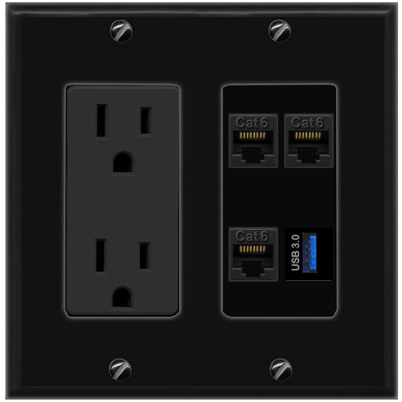 RiteAV 3 CAT6 USB-3 Wall Plate with 15A Power Outlet [Black]