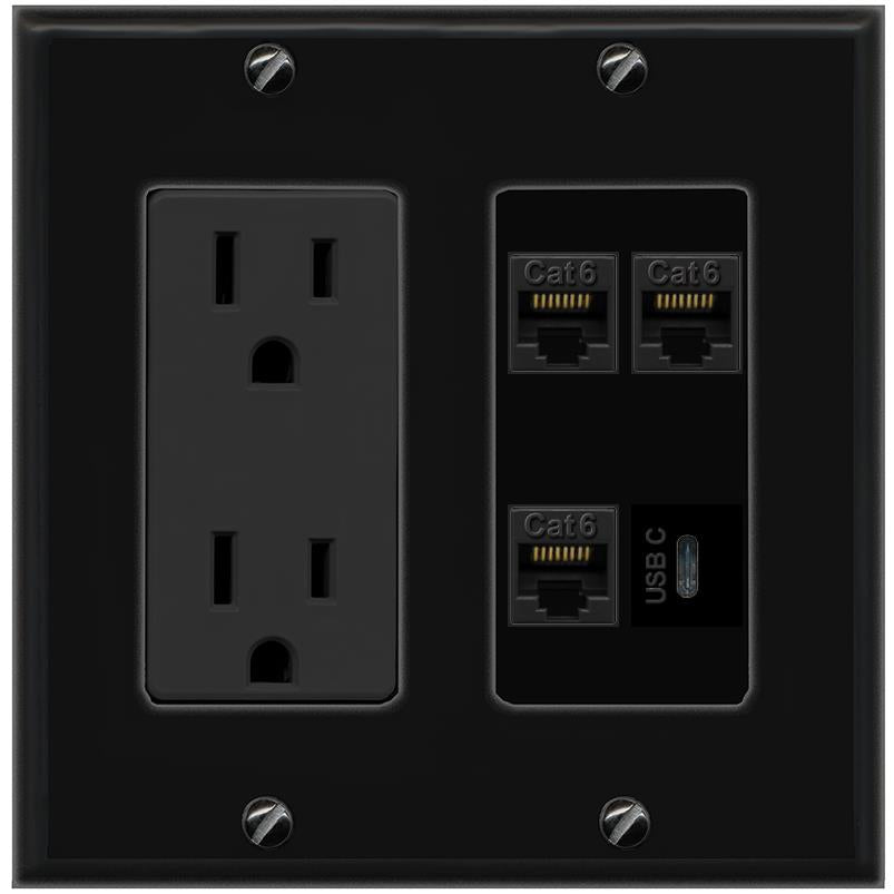 RiteAV 3 CAT6 USBC Wall Plate with 15A Power Outlet [Black]