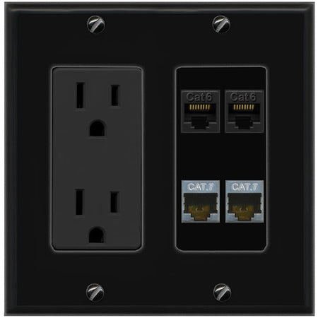 RiteAV 2 CAT6 2 CAT7 Wall Plate with 15A Power Outlet [Black]