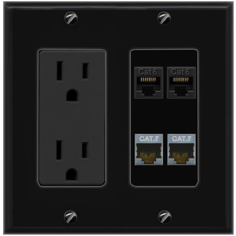 RiteAV 2 CAT6 2 CAT7 Wall Plate with 15A Power Outlet [Black]