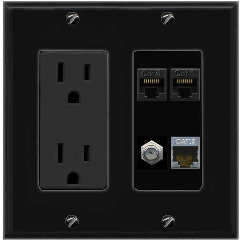RiteAV 2 CAT6 CAT7 COAX Wall Plate with 15A Power Outlet [Black]