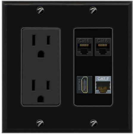 RiteAV 2 CAT6 CAT7 HDMI Wall Plate with 15A Power Outlet [Black]