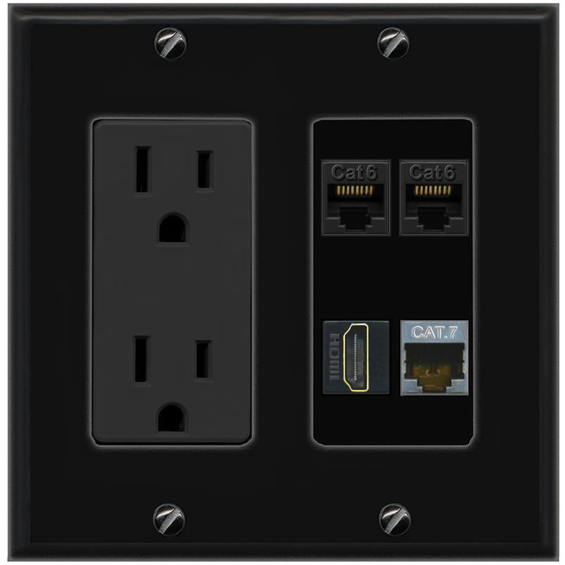 RiteAV 2 CAT6 CAT7 HDMI Wall Plate with 15A Power Outlet [Black]