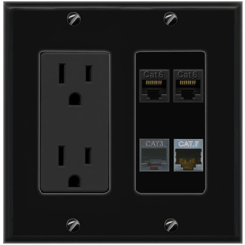 RiteAV 2 CAT6 CAT7 PHONE Wall Plate with 15A Power Outlet [Black]