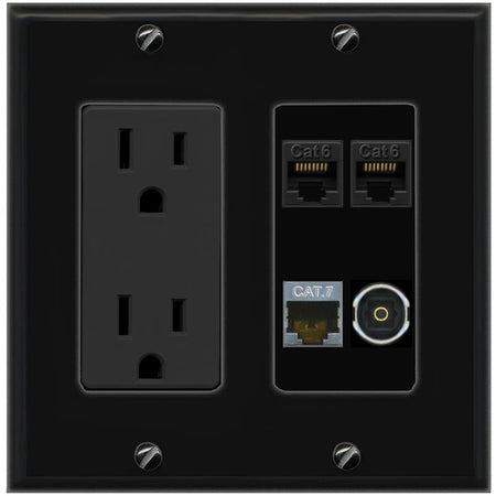 RiteAV 2 CAT6 CAT7 TOSLINK Wall Plate with 15A Power Outlet [Black]