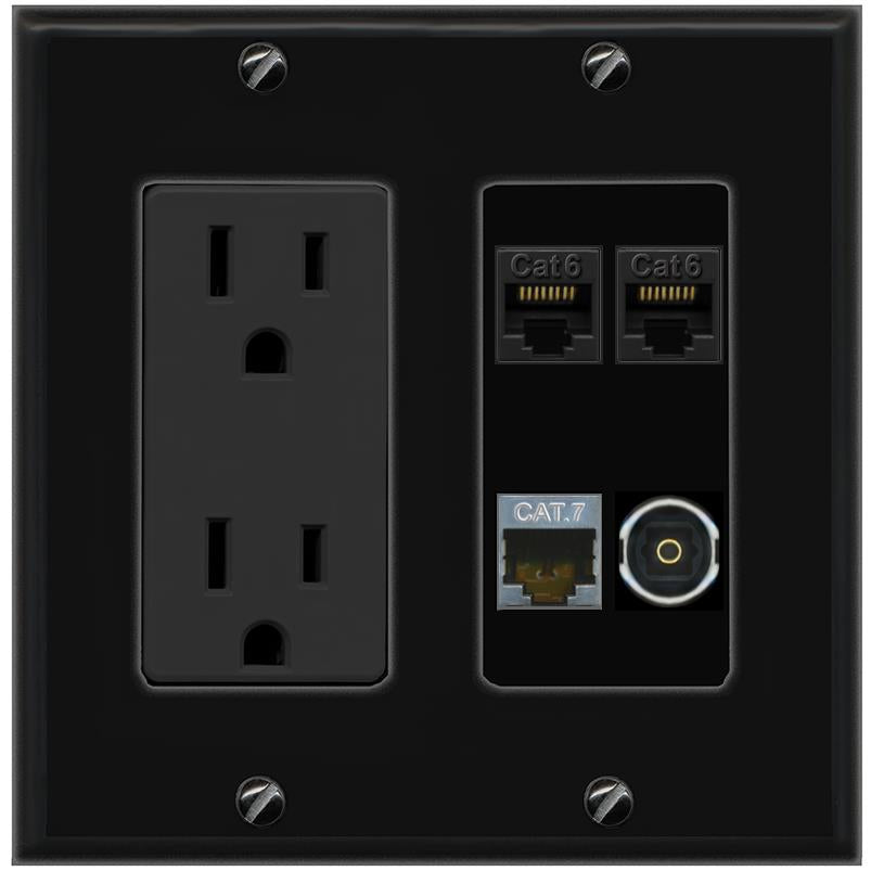 RiteAV 2 CAT6 CAT7 TOSLINK Wall Plate with 15A Power Outlet [Black]