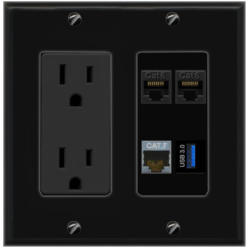 RiteAV 2 CAT6 CAT7 USB-3 Wall Plate with 15A Power Outlet [Black]