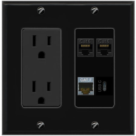RiteAV 2 CAT6 CAT7 USBC Wall Plate with 15A Power Outlet [Black]