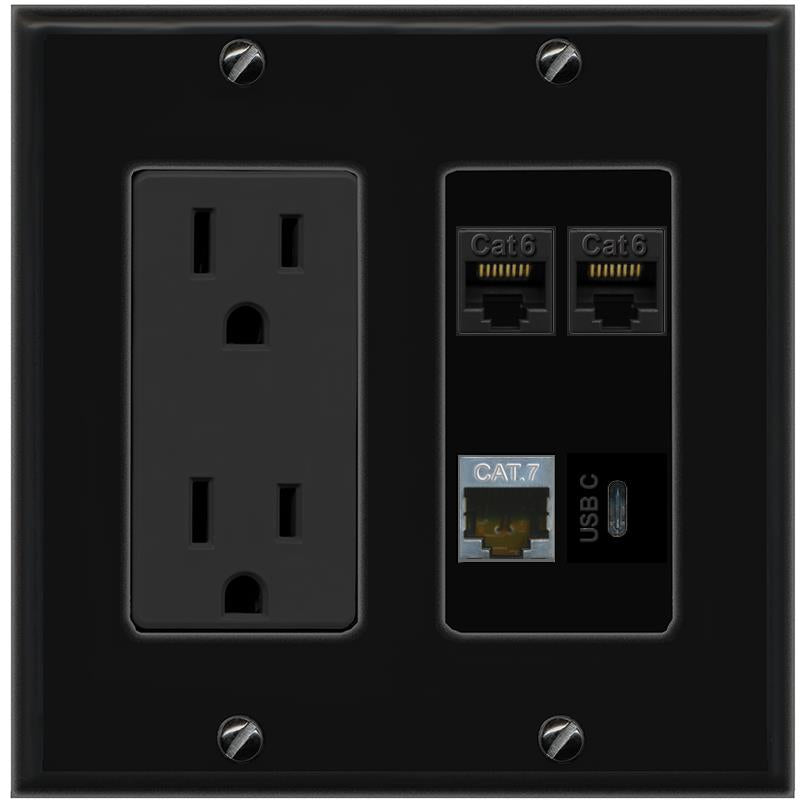 RiteAV 2 CAT6 CAT7 USBC Wall Plate with 15A Power Outlet [Black]