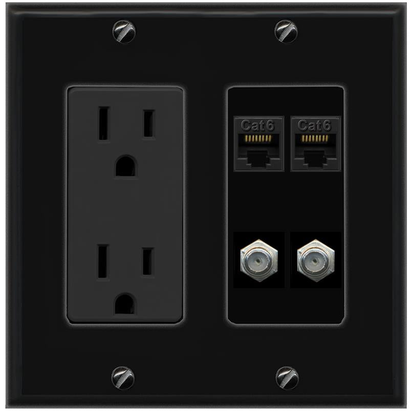 RiteAV 2 CAT6 2 COAX Wall Plate with 15A Power Outlet [Black]