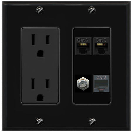 RiteAV 2 CAT6 COAX PHONE Wall Plate with 15A Power Outlet [Black]