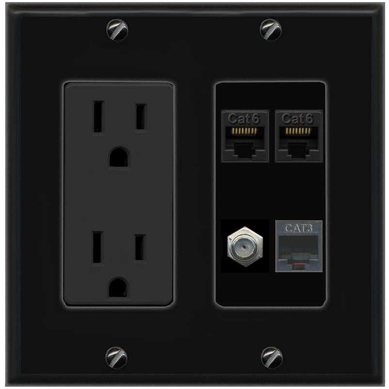 RiteAV 2 CAT6 COAX PHONE Wall Plate with 15A Power Outlet [Black]