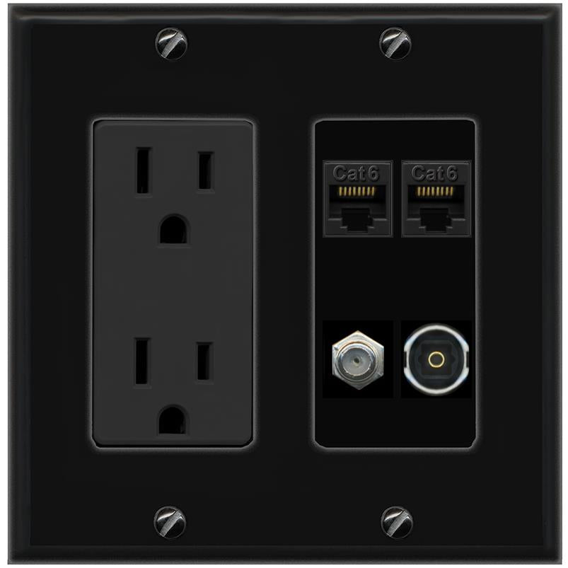 RiteAV 2 CAT6 COAX TOSLINK Wall Plate with 15A Power Outlet [Black]