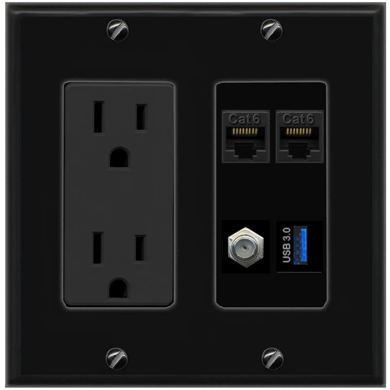 RiteAV 2 CAT6 COAX USB-3 Wall Plate with 15A Power Outlet [Black]