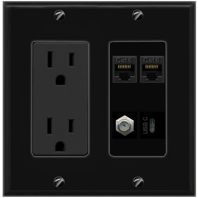 RiteAV 2 CAT6 COAX USBC Wall Plate with 15A Power Outlet [Black]