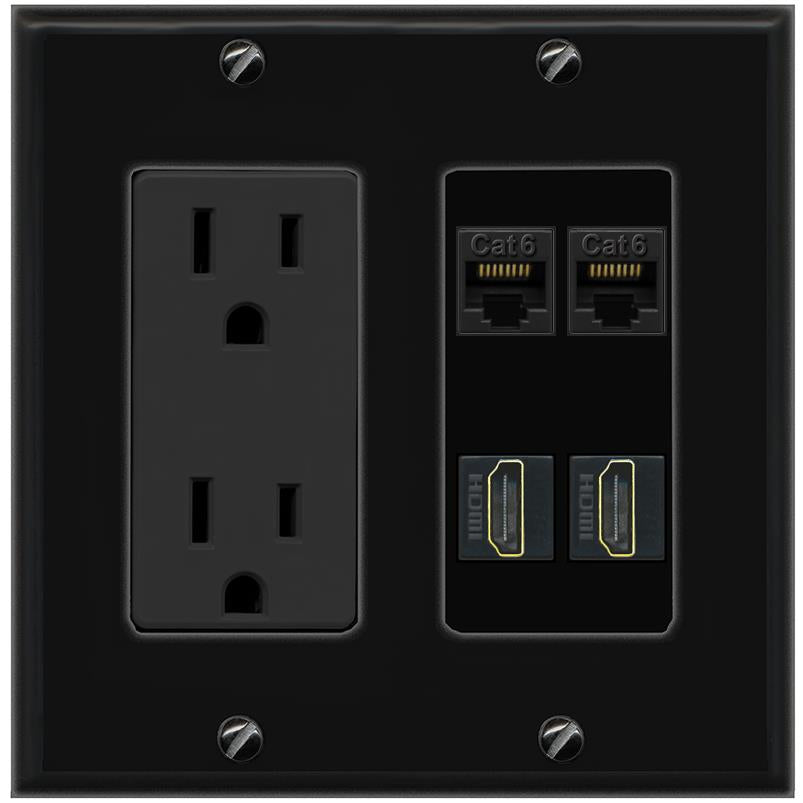 RiteAV 2 CAT6 2 HDMI Wall Plate with 15A Power Outlet [Black]