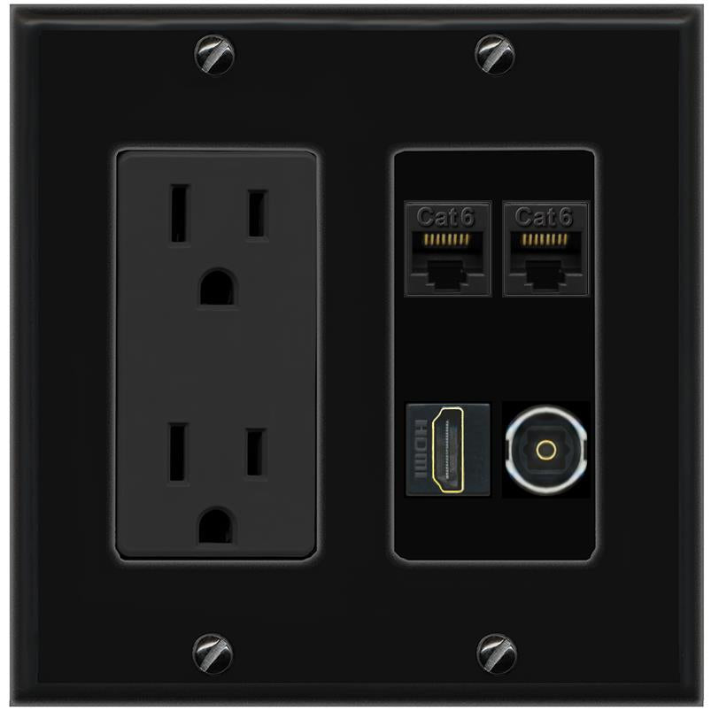 RiteAV 2 CAT6 HDMI TOSLINK Wall Plate with 15A Power Outlet [Black]