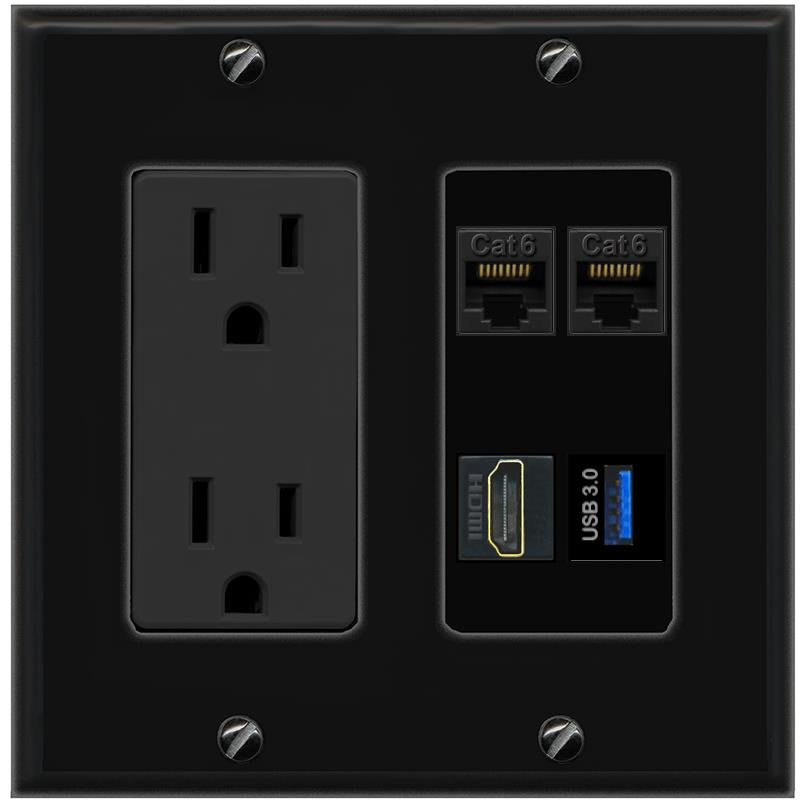 RiteAV 2 CAT6 HDMI USB-3 Wall Plate with 15A Power Outlet [Black]
