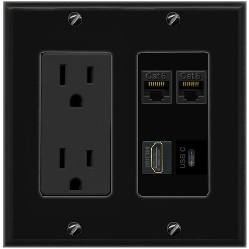 RiteAV 2 CAT6 HDMI USBC Wall Plate with 15A Power Outlet [Black]