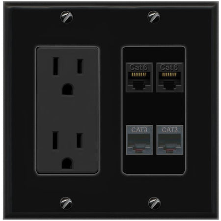 RiteAV 2 CAT6 2 PHONE Wall Plate with 15A Power Outlet [Black]