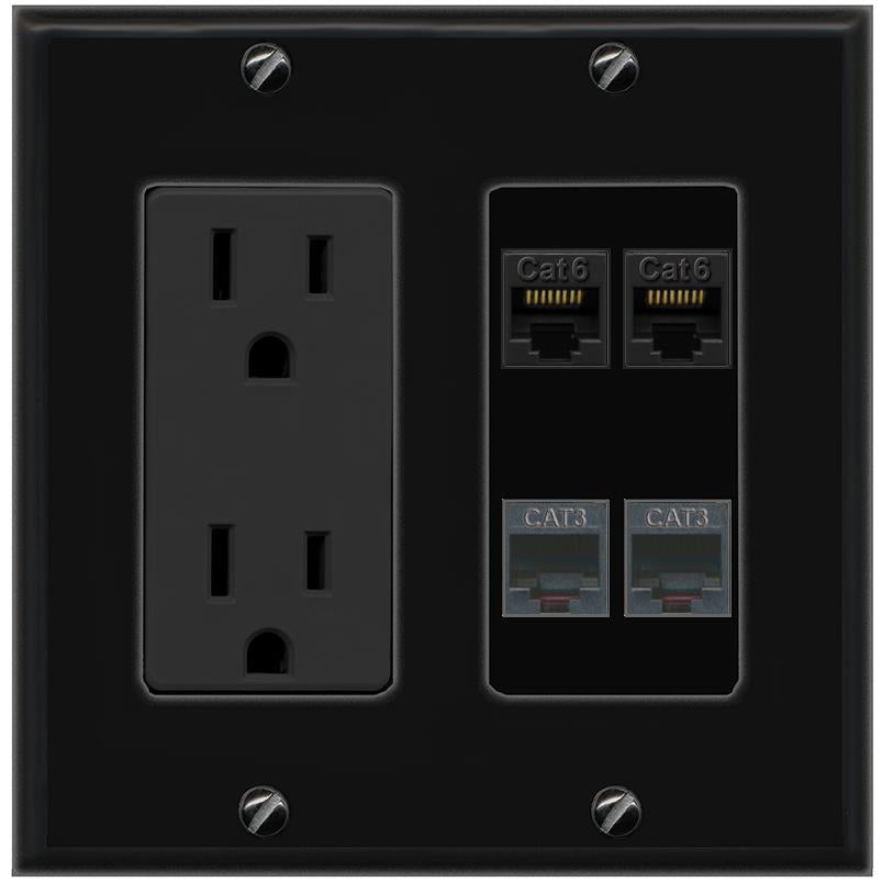 RiteAV 2 CAT6 2 PHONE Wall Plate with 15A Power Outlet [Black]