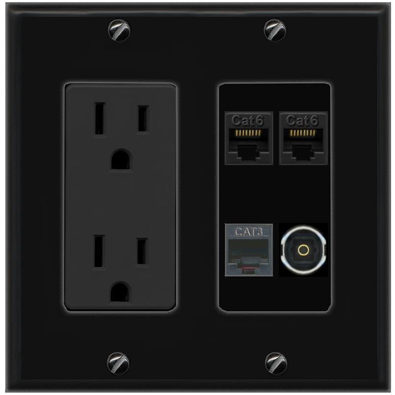 RiteAV 2 CAT6 PHONE TOSLINK Wall Plate with 15A Power Outlet [Black]