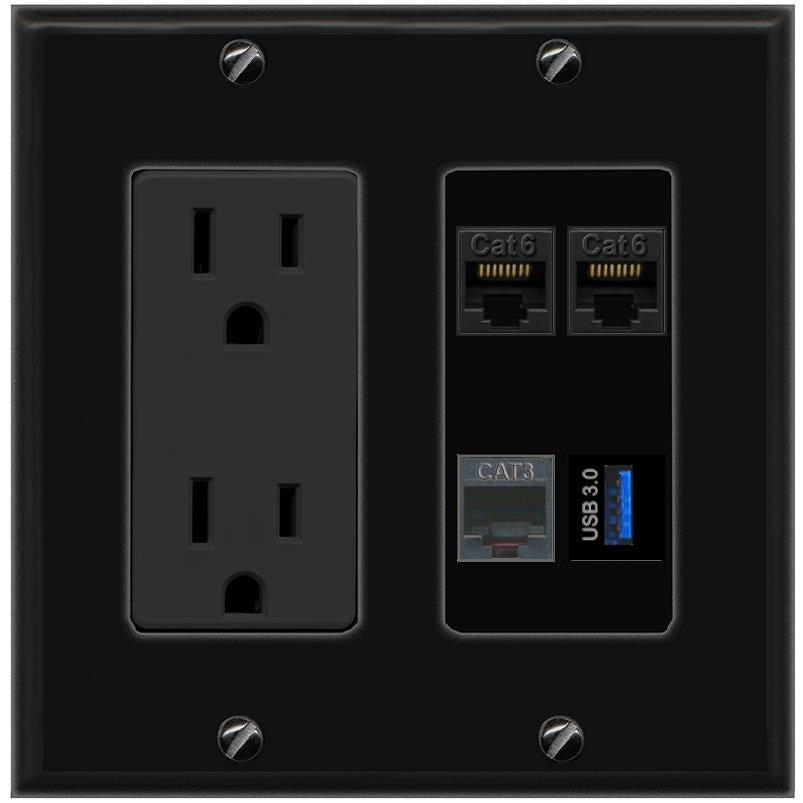 RiteAV 2 CAT6 PHONE USB-3 Wall Plate with 15A Power Outlet [Black]