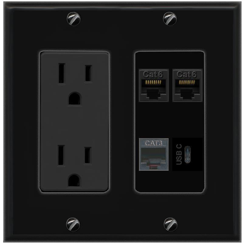 RiteAV 2 CAT6 PHONE USBC Wall Plate with 15A Power Outlet [Black]