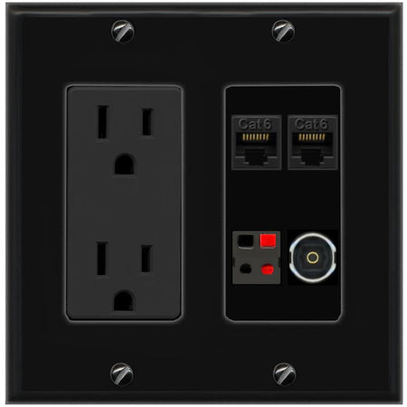 RiteAV 2 CAT6 SPEAKER TOSLINK Wall Plate with 15A Power Outlet [Black]