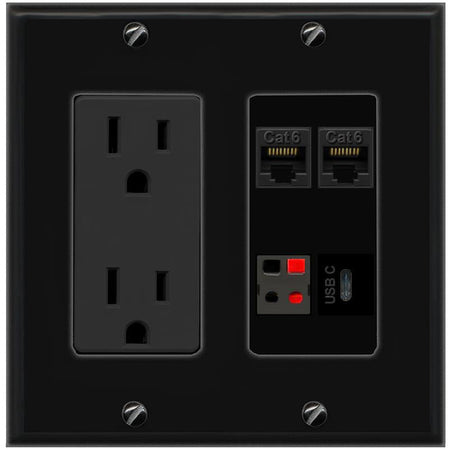 RiteAV 2 CAT6 SPEAKER USBC Wall Plate with 15A Power Outlet [Black]