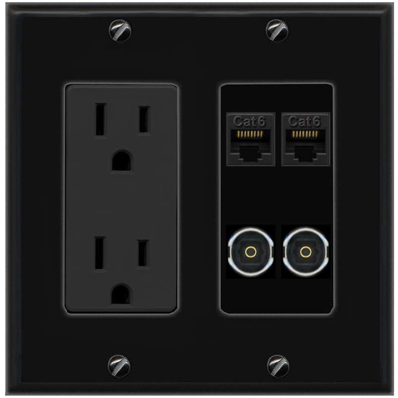RiteAV 2 CAT6 2 TOSLINK Wall Plate with 15A Power Outlet [Black]