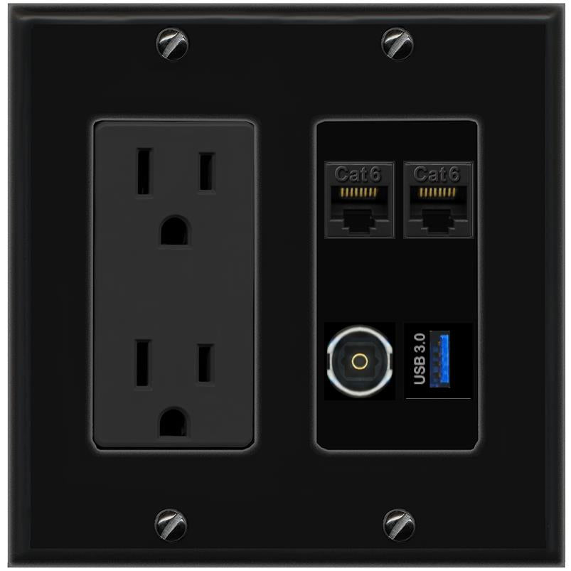 RiteAV 2 CAT6 TOSLINK USB-3 Wall Plate with 15A Power Outlet [Black]