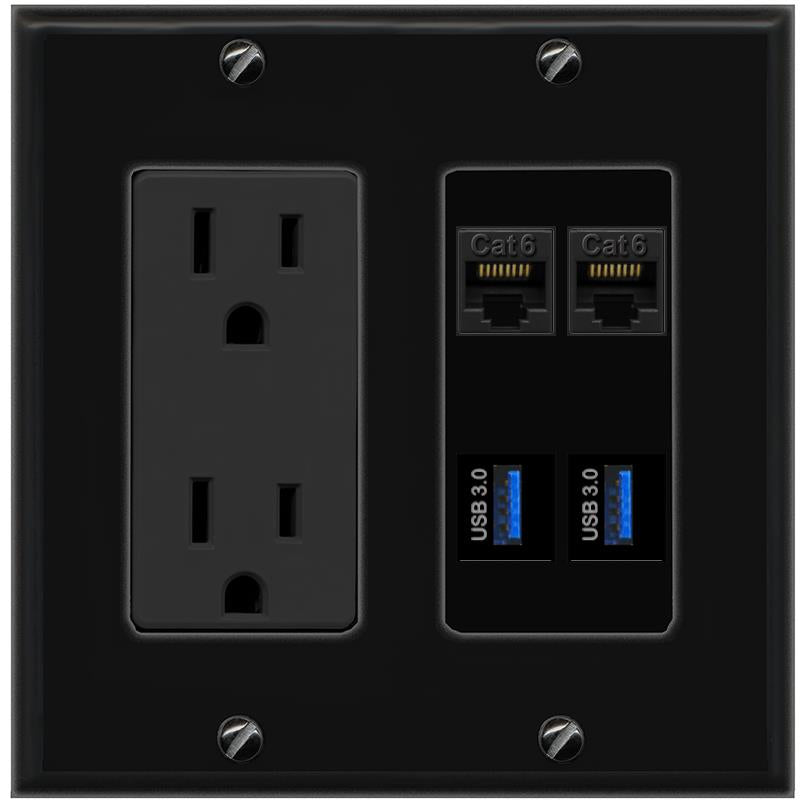 RiteAV 2 CAT6 2 USB-3 Wall Plate with 15A Power Outlet [Black]