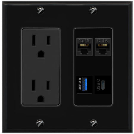 RiteAV 2 CAT6 USB-3 USBC Wall Plate with 15A Power Outlet [Black]