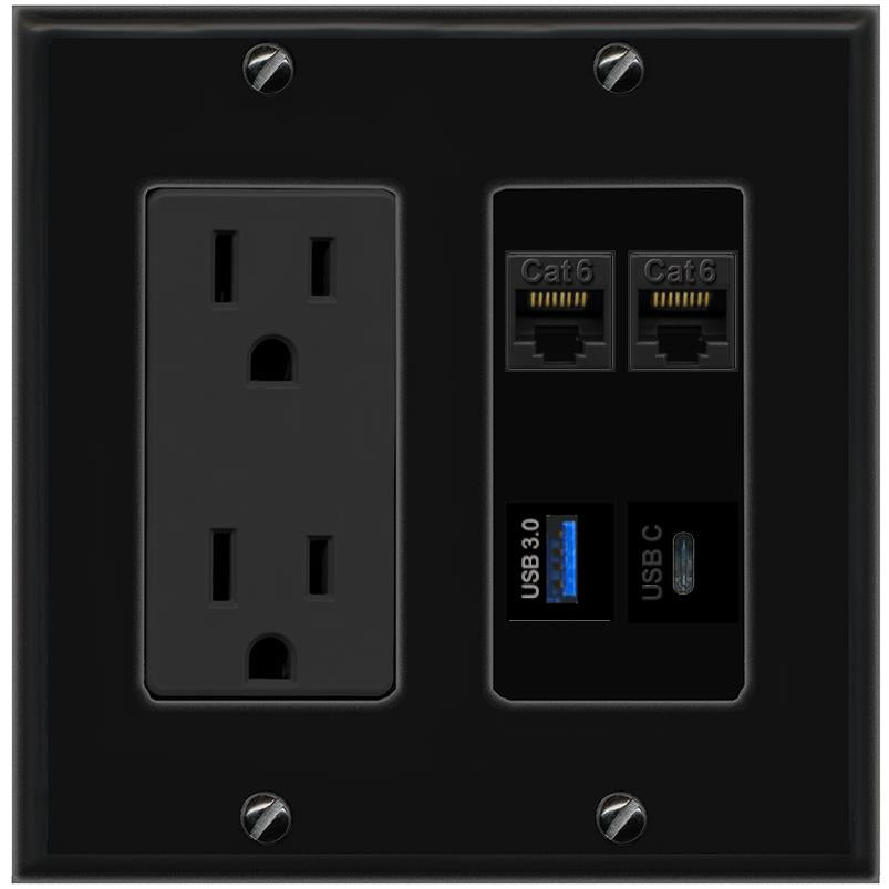 RiteAV 2 CAT6 USB-3 USBC Wall Plate with 15A Power Outlet [Black]