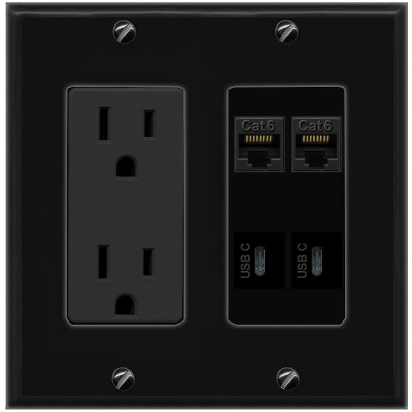 RiteAV 2 CAT6 2 USBC Wall Plate with 15A Power Outlet [Black]