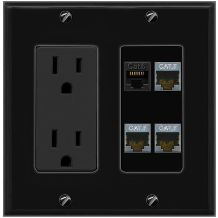RiteAV CAT6 3 CAT7 Wall Plate with 15A Power Outlet [Black]