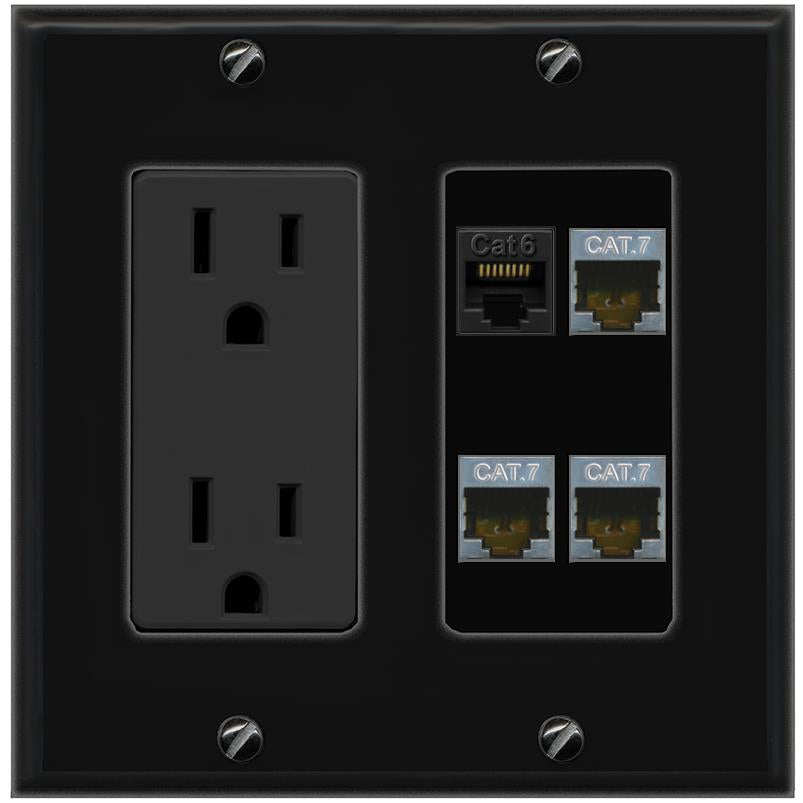 RiteAV CAT6 3 CAT7 Wall Plate with 15A Power Outlet [Black]