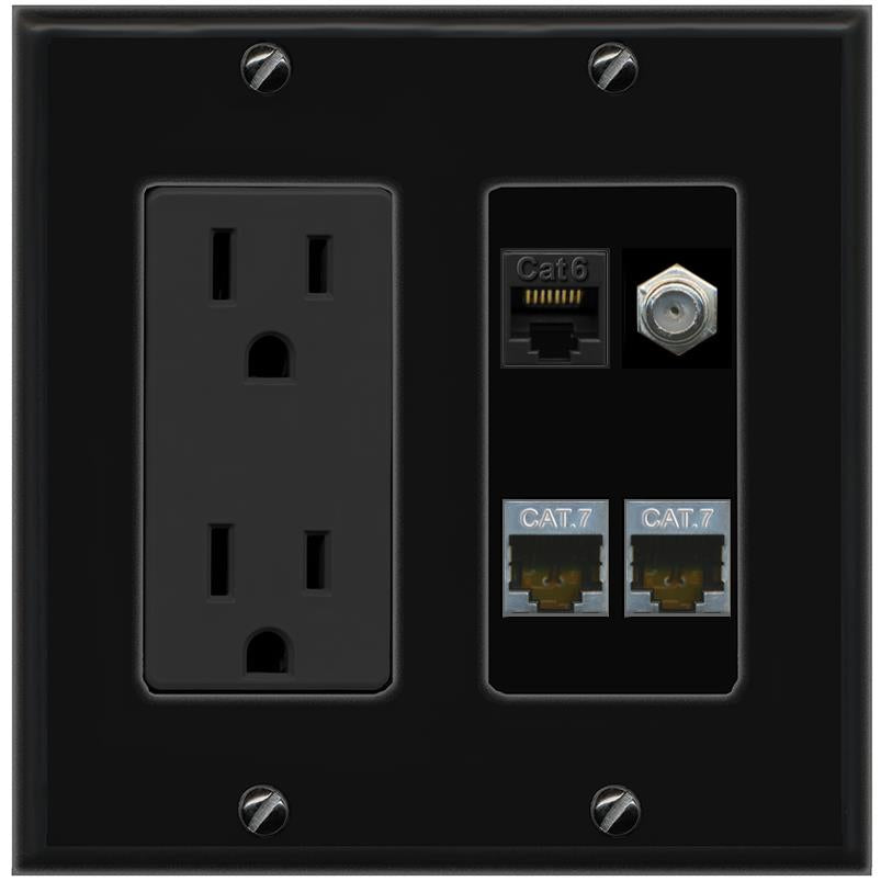RiteAV CAT6 2 CAT7 COAX Wall Plate with 15A Power Outlet [Black]