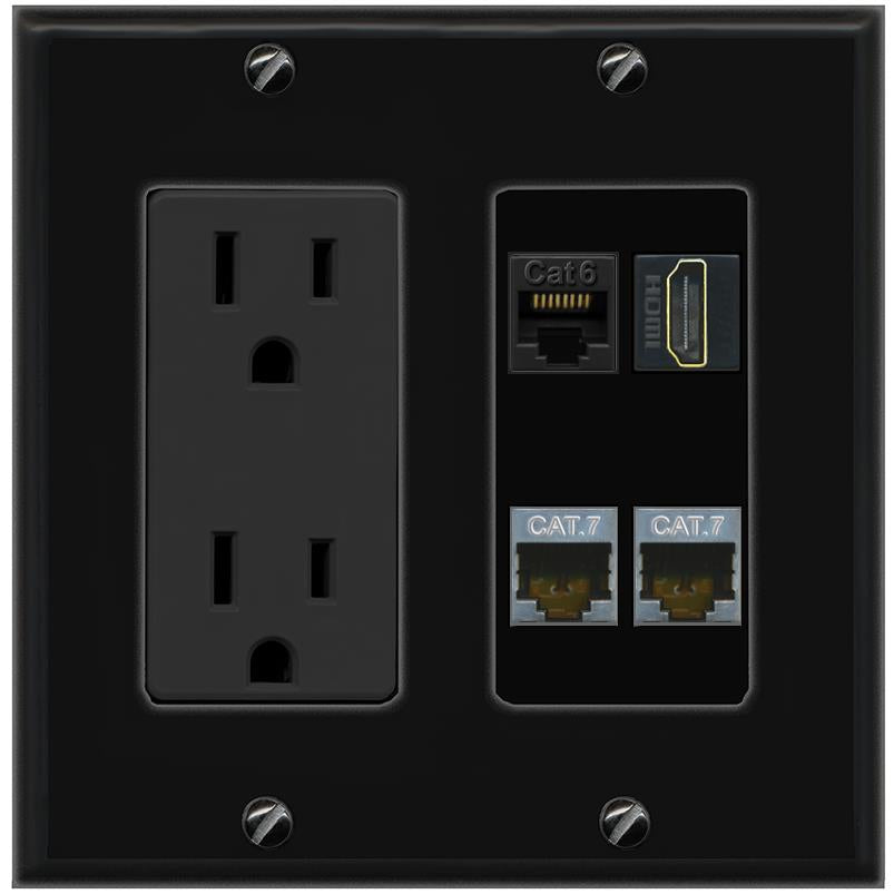 RiteAV CAT6 2 CAT7 HDMI Wall Plate with 15A Power Outlet [Black]