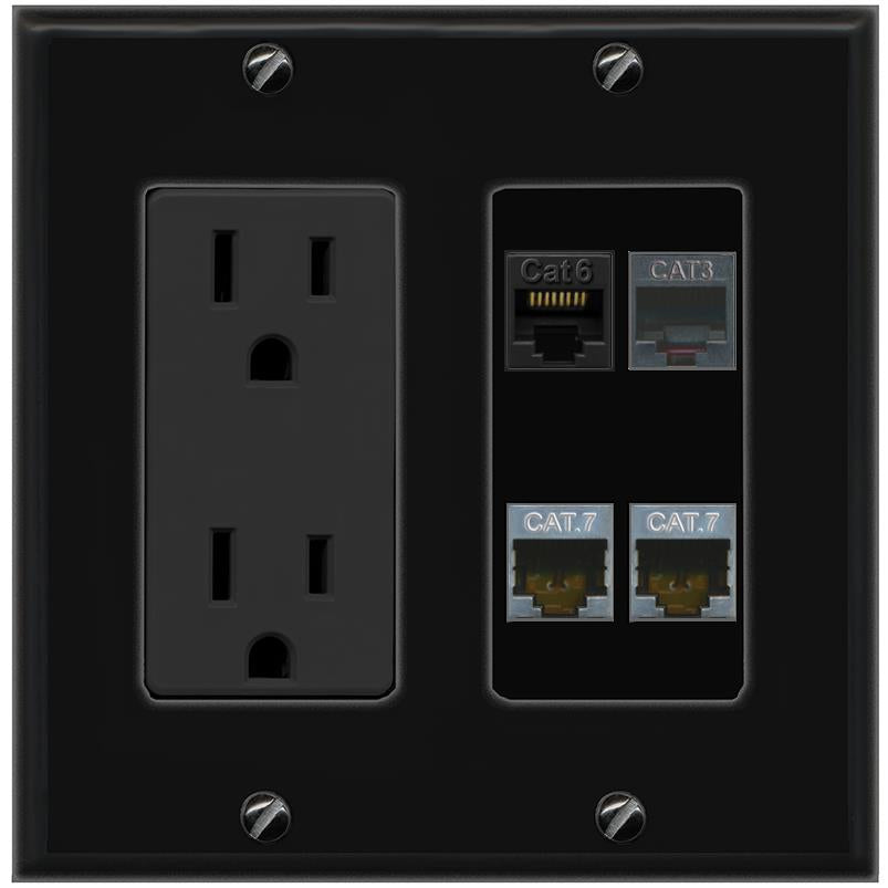 RiteAV CAT6 2 CAT7 PHONE Wall Plate with 15A Power Outlet [Black]