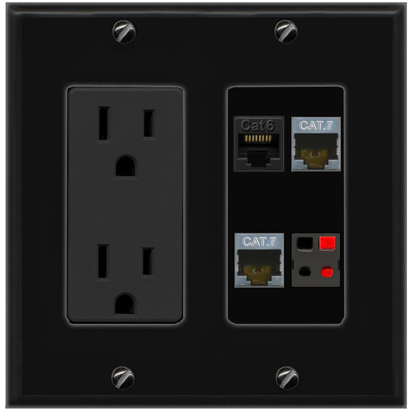 RiteAV CAT6 2 CAT7 SPEAKER Wall Plate with 15A Power Outlet [Black]