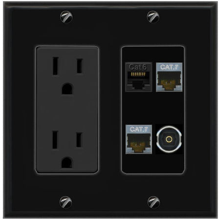 RiteAV CAT6 2 CAT7 TOSLINK Wall Plate with 15A Power Outlet [Black]