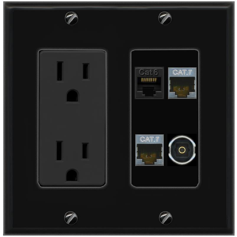 RiteAV CAT6 2 CAT7 TOSLINK Wall Plate with 15A Power Outlet [Black]