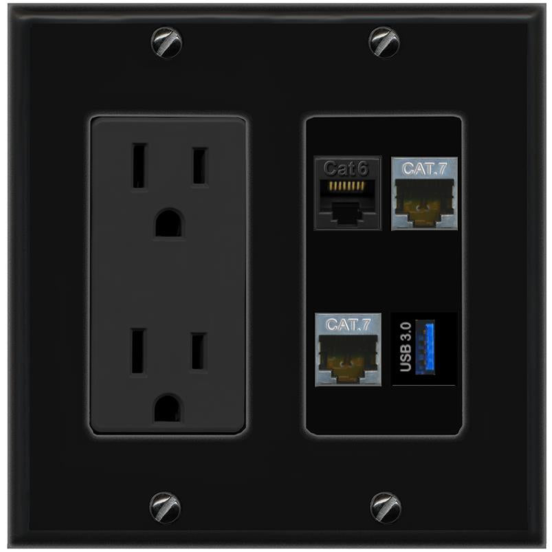 RiteAV CAT6 2 CAT7 USB-3 Wall Plate with 15A Power Outlet [Black]