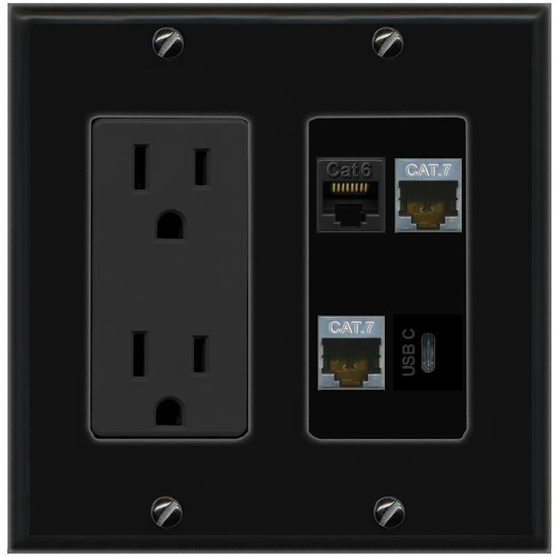RiteAV CAT6 2 CAT7 USBC Wall Plate with 15A Power Outlet [Black]